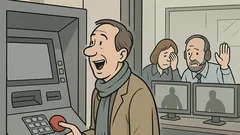 Witz: Ein Mann drückt den Notrufknopf am Geldautomaten