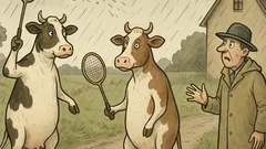 Witz: Zwei Kühe spielen im Regen Federball